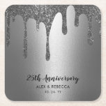 Dessous-de-verre Carré En Papier Étincelante Métallique Déchets d'argent 25e annive<br><div class="desc">Dessous de verre du 25e anniversaire des gouttes d'argent métallique pétillantes</div>