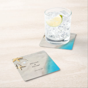 Dessous-de-verre Carré En Papier Étoile de mer de sable océanique tropical mariage 