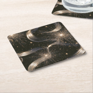 Dessous-de-verre Carré En Papier Étoiles scintillantes d'or noir
