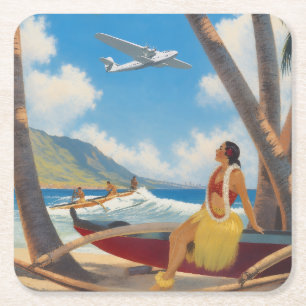 Dessous-de-verre Carré En Papier Évasion Aloha de la fille Hula Hawaïenne vintage P