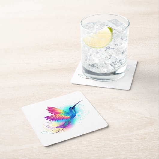 Dessous-de-verre Carré En Papier Exotic Rainbow Hummingbird (En situation)