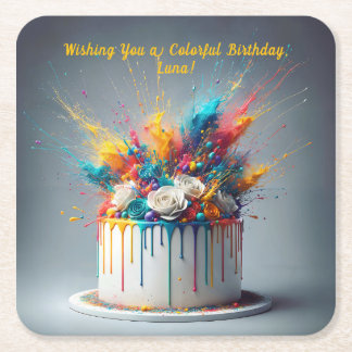 Dessous-de-verre Carré En Papier Explosion de joie - Joyeux gâteau d'anniversaire