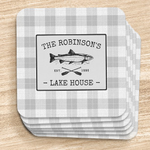 Dessous-de-verre Carré En Papier Family Lake House Oars Poisson Russe Blanc Plaid