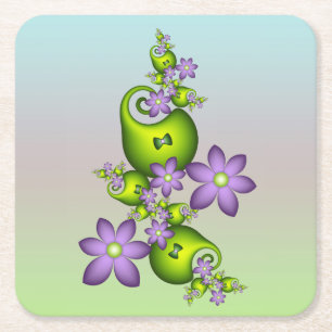 Dessous-de-verre Carré En Papier Fantasie Florale Fleurs Lilas Formes Vertes Fracta