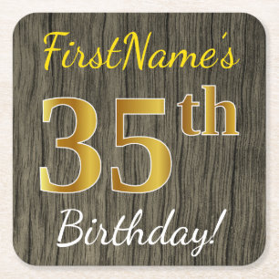 Dessous-de-verre Carré En Papier Faux Wood, Faux Gold 35e anniversaire + Nom person