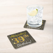 Dessous-de-verre Carré En Papier Faux Wood, Faux Gold 39e anniversaire + Nom person (En situation)