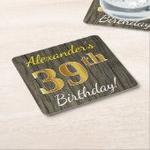Dessous-de-verre Carré En Papier Faux Wood, Faux Gold 39e anniversaire + Nom person (Incliné)