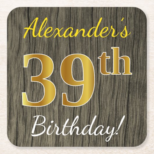Dessous-de-verre Carré En Papier Faux Wood, Faux Gold 39e anniversaire + Nom person (Devant)