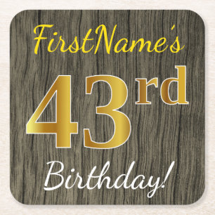 Dessous-de-verre Carré En Papier Faux Wood, Faux Gold 43e anniversaire + Nom person