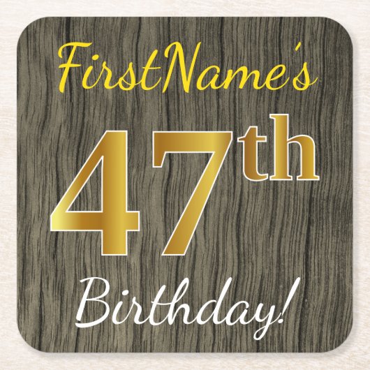 Dessous-de-verre Carré En Papier Faux Wood, Faux Gold 47th Birthday + Custom Name (Devant)