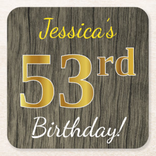 Dessous-de-verre Carré En Papier Faux Wood, Faux Gold 53e anniversaire + Nom person