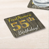 Dessous-de-verre Carré En Papier Faux Wood, Faux Gold 55e anniversaire + Nom person (Incliné)