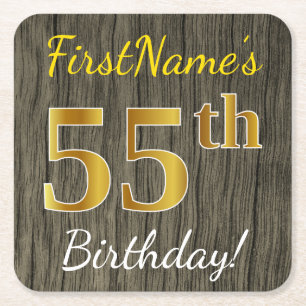 Dessous-de-verre Carré En Papier Faux Wood, Faux Gold 55e anniversaire + Nom person
