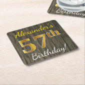 Dessous-de-verre Carré En Papier Faux Wood, Faux Gold 57e anniversaire + Nom person (Incliné)