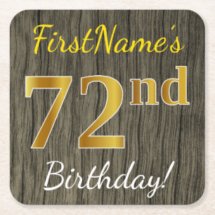 Dessous-de-verre Carré En Papier Faux Wood, Faux Gold 72e anniversaire + Nom person