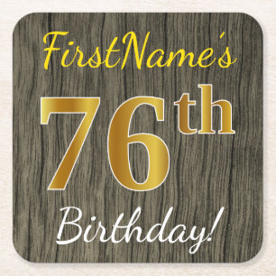 Dessous-de-verre Carré En Papier Faux Wood, Faux Gold 76e anniversaire + Nom person