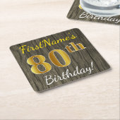 Dessous-de-verre Carré En Papier Faux Wood, Faux Gold 80e anniversaire + Nom person (Incliné)