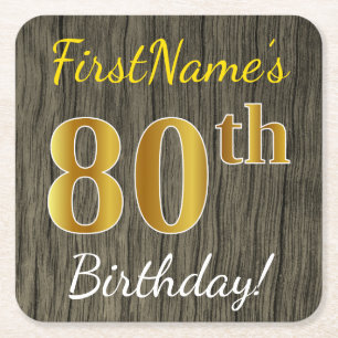 Dessous-de-verre Carré En Papier Faux Wood, Faux Gold 80e anniversaire + Nom person