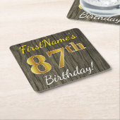 Dessous-de-verre Carré En Papier Faux Wood, Faux Gold 87e anniversaire + Nom person (Incliné)