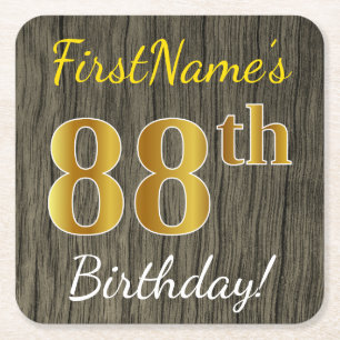 Dessous-de-verre Carré En Papier Faux Wood, Faux Gold 88e anniversaire + Nom person