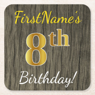 Dessous-de-verre Carré En Papier Faux Wood, Faux Gold 8e anniversaire + Nom personn