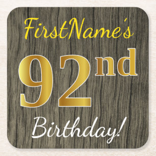 Dessous-de-verre Carré En Papier Faux Wood, Faux Gold 92e anniversaire + Nom person