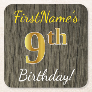 Dessous-de-verre Carré En Papier Faux Wood, Faux Gold 9e Anniversaire + Nom personn