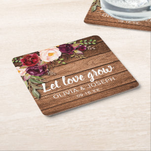 Dessous-de-verre Carré En Papier Faveur de mariage en bois floral burgundy rustique