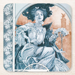 Dessous-de-verre Carré En Papier Femme avec Rose, Mucha