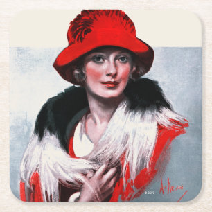 Dessous-de-verre Carré En Papier Femme en Casquette rouge