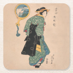 Dessous-de-verre Carré En Papier Femme japonaise en kimono, œuvre d'art représentan