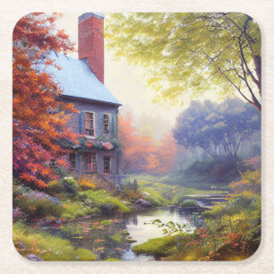 Dessous-de-verre Carré En Papier Ferme/cours d'eau/bois/peinture