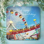Dessous-de-verre Carré En Papier Ferris Rouleau Dessous de verre Joyeux Script d'an<br><div class="desc">"Bon anniversaire". Revivez les souvenirs d'enfance de brise douce, de cris heureux et de vues oiseaux-oeil. Rappelez-vous le plaisir en célébrant les anniversaires en utilisant ces dessous de verre en papier orangé, turquoise, et bleu ferris roue et dessous de verre à rouleaux. Vous avez le choix entre différentes formes. Des...</div>