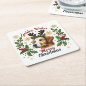 Dessous-de-verre Carré En Papier Festin Reindeer Golden Retriever Chien Noël (Incliné)