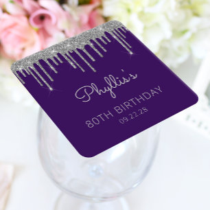 Dessous-de-verre Carré En Papier Fête d'anniversaire 80 ans Purple Silver Glitter D