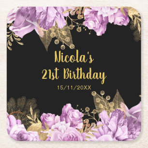 Dessous-de-verre Carré En Papier Fête d'anniversaire aux fleurs de lilas et or élég