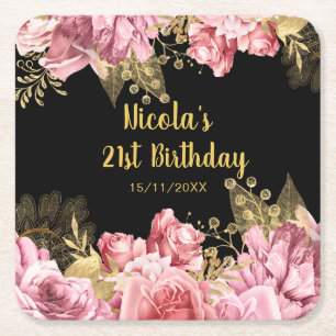 Dessous-de-verre Carré En Papier Fête d'anniversaire aux fleurs roses et or élégant