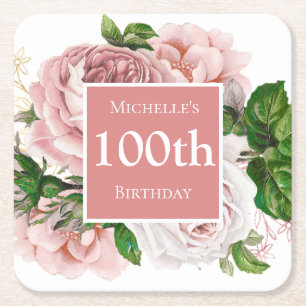 Dessous-de-verre Carré En Papier Fête d'anniversaire de 100 ans sur le thème floral