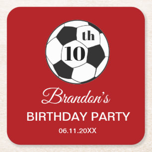 Dessous-de-verre Carré En Papier Fête d'anniversaire de 10 ans Football Rouge Garço