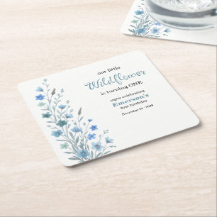 Dessous-de-verre Carré En Papier Fête d'anniversaire de 1 an Elegant Blue Wildflowe