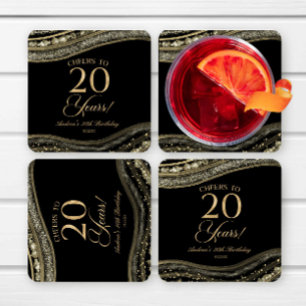 Dessous-de-verre Carré En Papier Fête d'anniversaire de 20 ans en Agate Noire Éléga