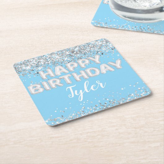 Dessous-de-verre Carré En Papier Fête d'anniversaire en argent bleu clair (Incliné)