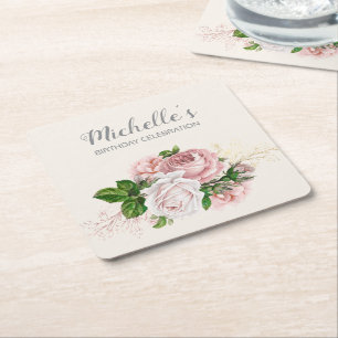 Dessous-de-verre Carré En Papier Fête d'anniversaire florale rose élégante vintage