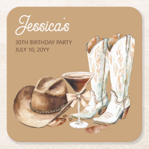 Dessous-de-verre Carré En Papier Fête d'anniversaire Western Cowgirl Brun Rustique