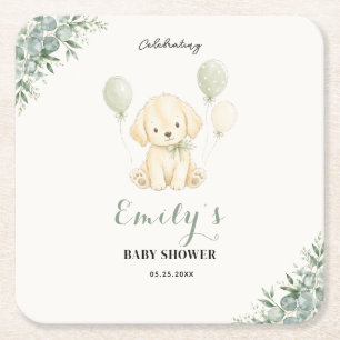 Dessous-de-verre Carré En Papier Fête de bébé Golden Retriever Sage Vert Eucalyptus