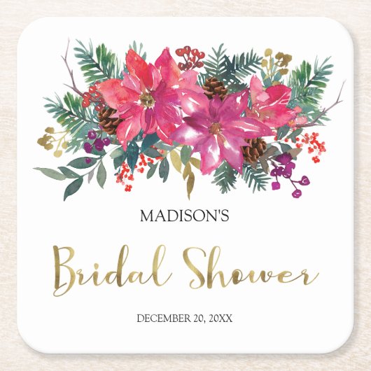 Dessous-de-verre Carré En Papier Fête de mariage avec poinsettia rose pour Noël (Devant)