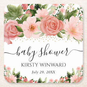 Dessous-de-verre Carré En Papier Fête de naissance aux roses roses aquarelle