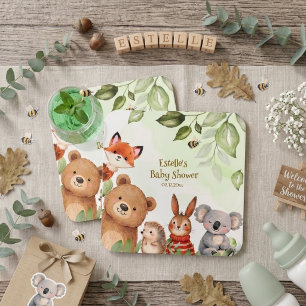 Dessous-de-verre Carré En Papier Fête de Naissance Bébé Animaux Mignons Forêt Verte