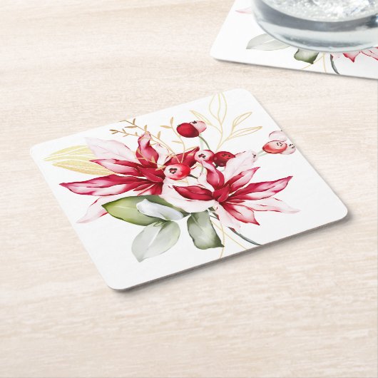 Dessous-de-verre Carré En Papier Fête d'hiver poinsettia aquarelle fleurs (Incliné)