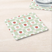 Dessous-de-verre Carré En Papier Fête Pastel Vert Gingham Fraise (Incliné)